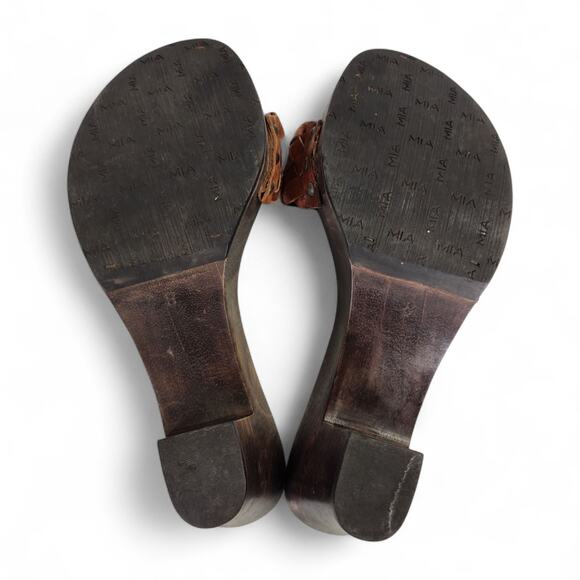 MIA Woven Leather Wood Platform Sandals Brown Buckle Slide Heels Size 8 - Picture 3 of 16